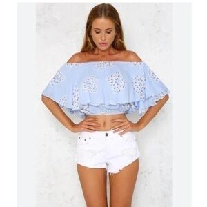 Blue Floral Print Ruffle Off The Shoulder Top